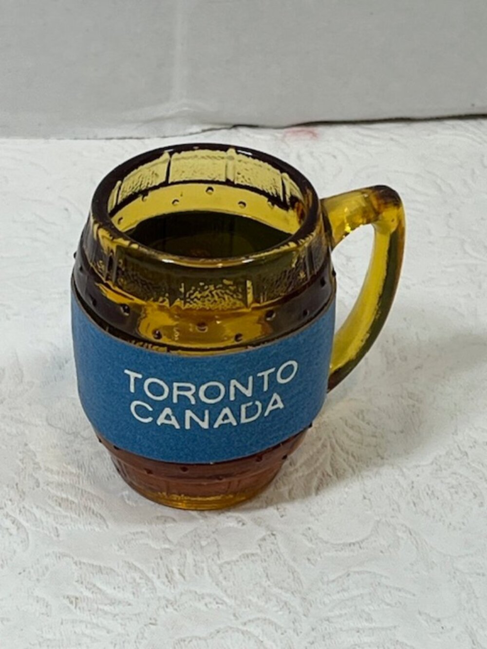 VTG Amber Glass Souvenir Toronto Canada Mini Mug Beer Barrel Blue Band 3"x2.5"